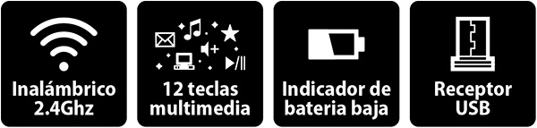 Íconos características principales, Inalámbrico 2.4 GHz, 12 teclas multimedia, indicador de batería baja y receptor USB