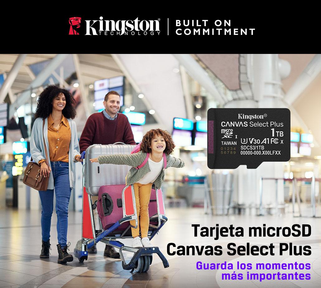 Una tarjeta microSD Kingston Canvas Select Plus de 1TB superpuesta a una imagen de una familia con valijas en un aeropuerto. Debajo se lee el texto: Tarjeta microSD Canvas Select Plus, Guardá los momentos más importantes.