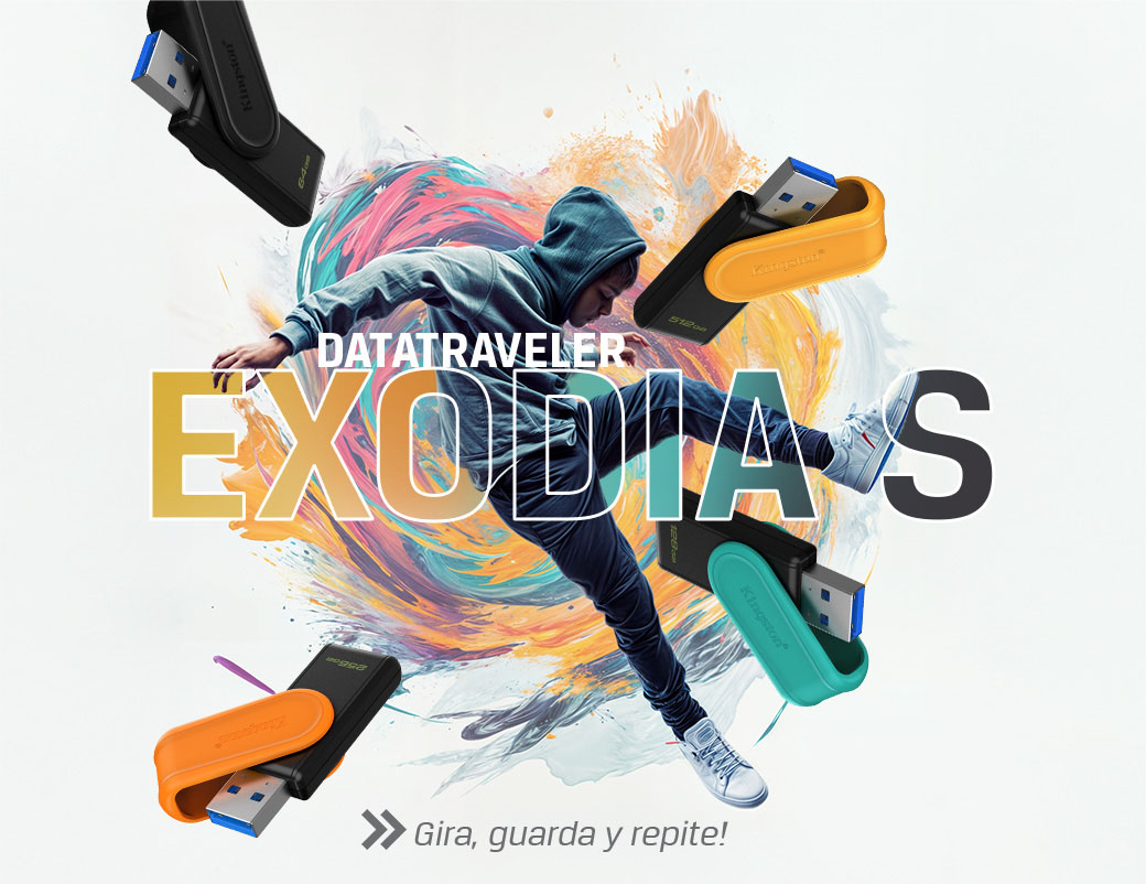 Imagen publicitaria del Pen Drive Kingston DataTraveler Exodia S donde se ve a un joven con capucha en una pose dinámica de salto sobre un fondo de explosión de pintura colorida. Alrededor de él flotan cuatro pendrives en distintos colores (negro, amarillo, verde agua y naranja) con sus conectores USB expuestos. En el centro destaca el texto DATATRAVELER EXODIA S y en la parte inferior la frase Girá, guardá y repetí.