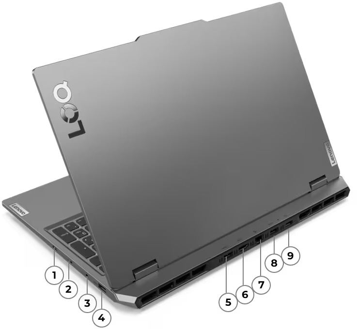 Vista de la Notebook Lenovo LOQ 15ARP9 enumerando los puertos del 1 al 9