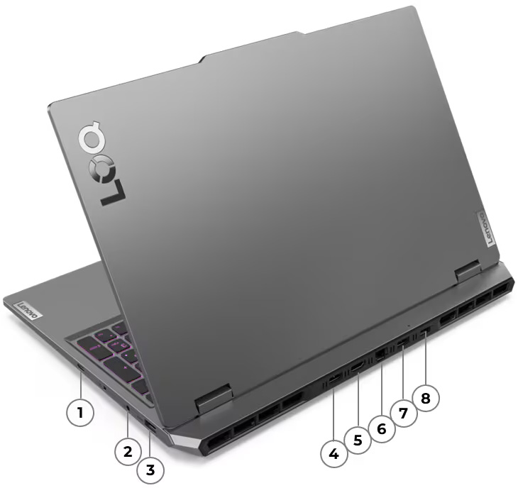 Vista de la Notebook Lenovo LOQ 15IAX9 enumerando los puertos del 1 al 8