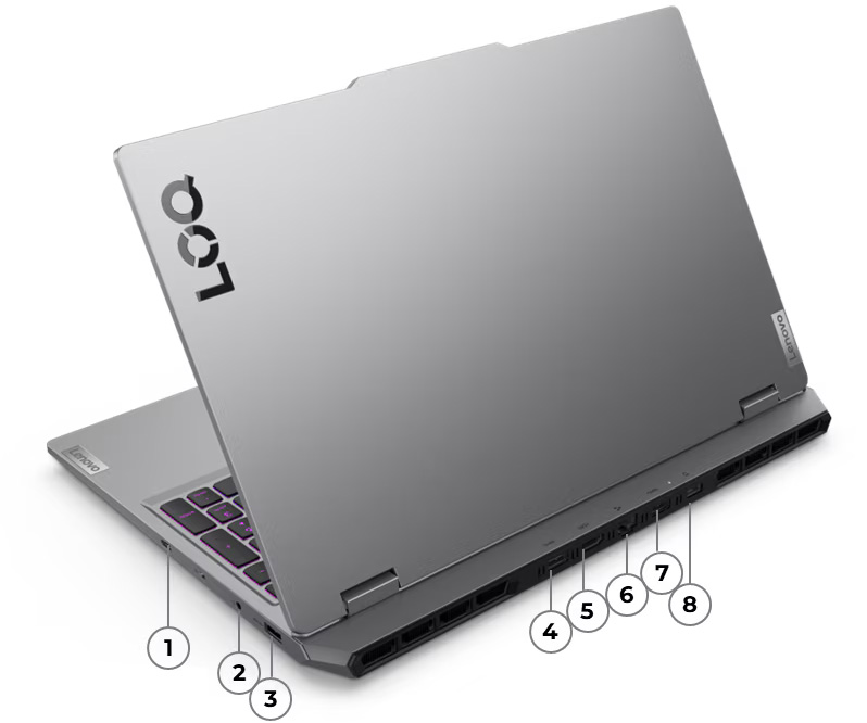 Vista de la Notebook Lenovo LOQ 15IRX10 enumerando los puertos del 1 al 8