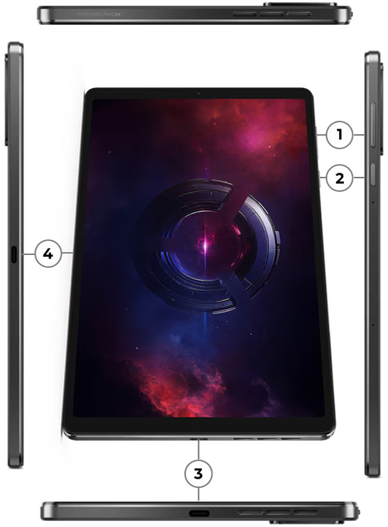 Vistas laterales de la Lenovo Legion Tab, con anotaciones numeradas que señalan puertos y botones