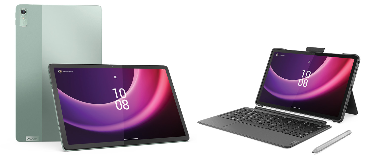 vistas de la Tablet Lenovo Tab P11 (2nd Gen), convertible en portátil, con teclado y lápiz sobre fondo blanco.