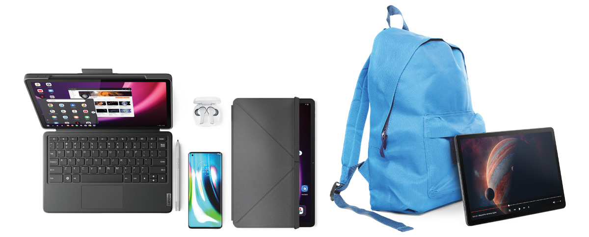 Tablet Lenovo Tab P11 (2nd Gen), Dispositivos electrónicos y accesorios para el trabajo y el estudio como un teléfono, una funda y una mochila sobre un fondo blanco.