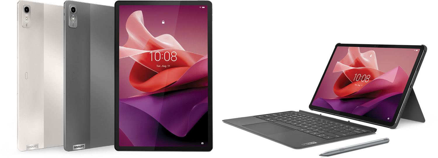 vistas de la Tablet Lenovo Tab P12, convertible en portátil, con teclado y lápiz sobre fondo blanco.