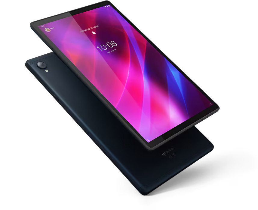 Tablet Lenovo Tab K10 en color Abyss Blue, con pantalla grande y bordes curvos. Se muestra desde un ángulo en el que se puede ver tanto la parte frontal como la trasera del dispositivo.
