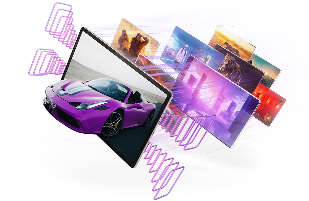 Representación visual de contenido multimedia saliendo de una tablet Lenovo Idea Tab Pro, con una imagen de un auto deportivo violeta en primer plano y varias pantallas coloridas al fondo, simbolizando velocidad y rendimiento en reproducción de imágenes o videos.