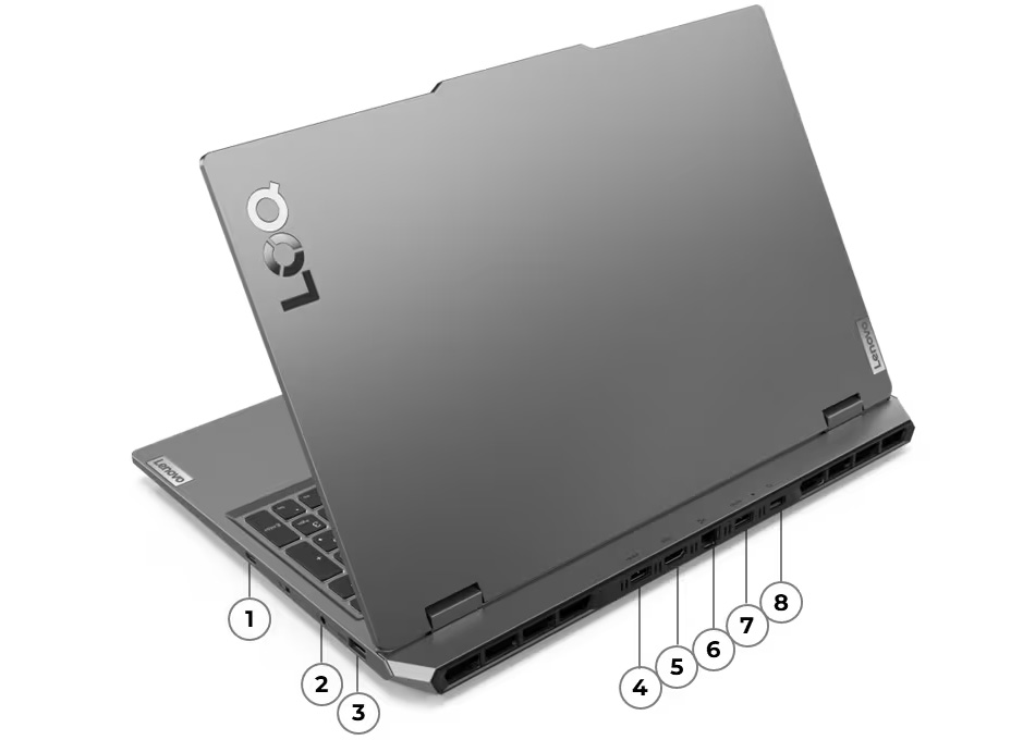 Vista trasera lateral de la Notebook Lenovo LOQ 15IRX9 enumerando los puertos del 1 al 8