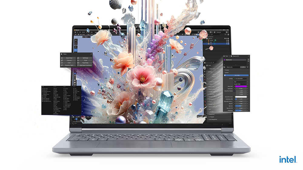 Notebook Lenovo ThinkBook 16p G6 IAX abierta con pantalla mostrando una escena creativa 3D y paneles de software profesional