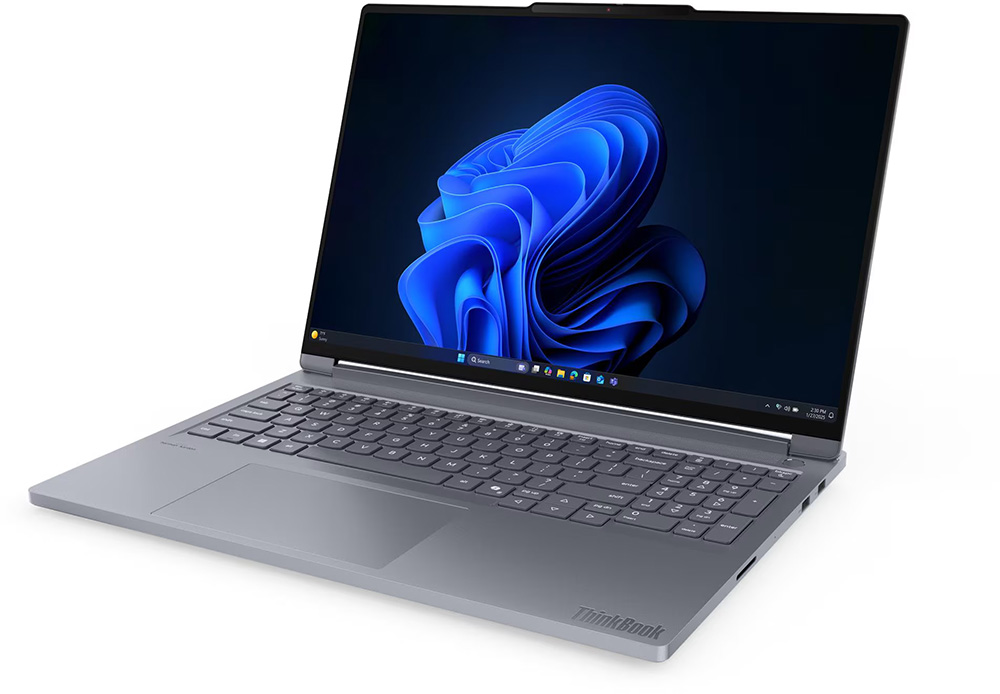 Notebook Lenovo ThinkBook 16p G6 IAX abierta en vista lateral, con teclado numérico, touchpad amplio y logo ThinkBook en el reposamanos