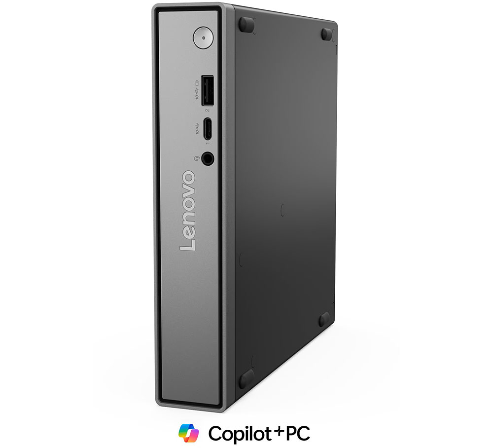 Vista en ángulo del Lenovo ThinkCentre neo 50q Gen 6 en posición vertical, con el panel frontal y la base con apoyos de goma visibles.