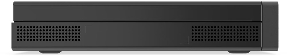 Vista del lado opuesto del Lenovo ThinkCentre neo 50q Gen 6 en posición horizontal, con rejillas de ventilación en ambos extremos.