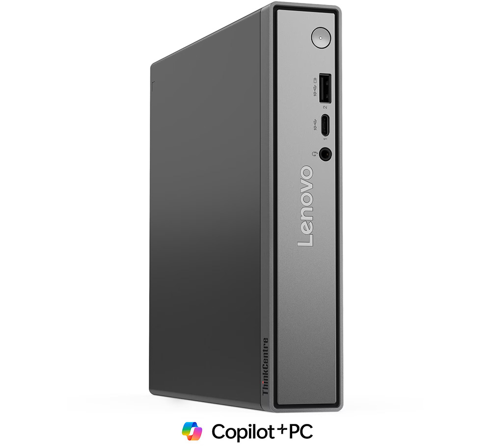 Lenovo ThinkCentre neo 50q Gen 6 en posición vertical, con vista del lateral oscuro, el panel frontal gris y sus puertos USB y de audio.