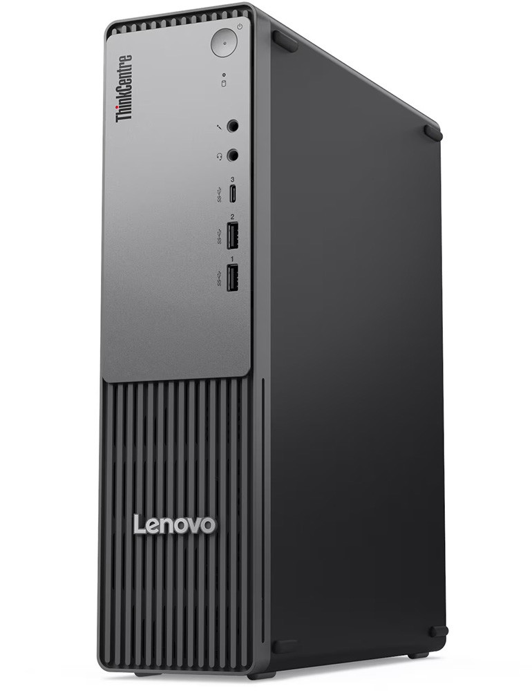 Computadora de escritorio Lenovo ThinkCentre neo 55s Gen 6 en formato torre SFF pequeña con parte frontal gris y negra con patrón de rejilla. Se ve ligeramente en ángulo.