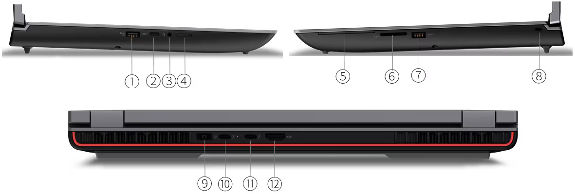 Vistas de la Notebook Lenovo ThinkPad P16 Gen 2, enumerando los puertos del 1 al 12
