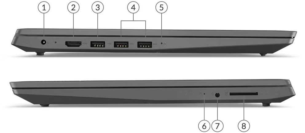 Vistas laterales de la Notebook Lenovo V14 ADA enumerando los puertos del 1 al 8