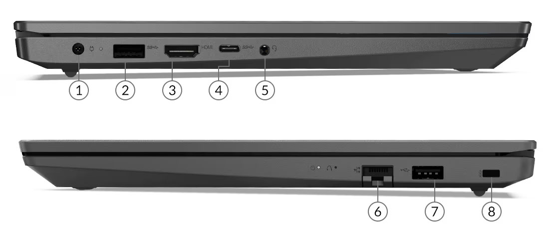 Vistas laterales de la Notebook Lenovo V15 G2 ALC, enumerando los puertos del 1 al 8