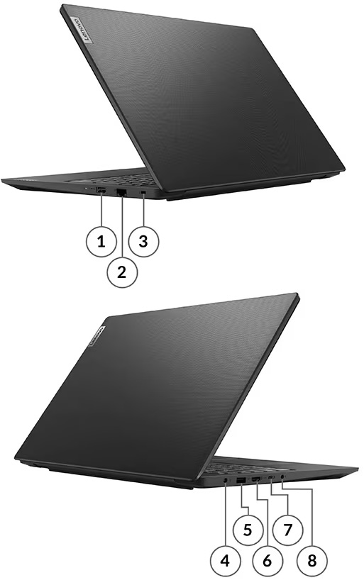 Vistas laterales de la Notebook Lenovo V15 G4 AMN enumerando los puertos del 1 al 8