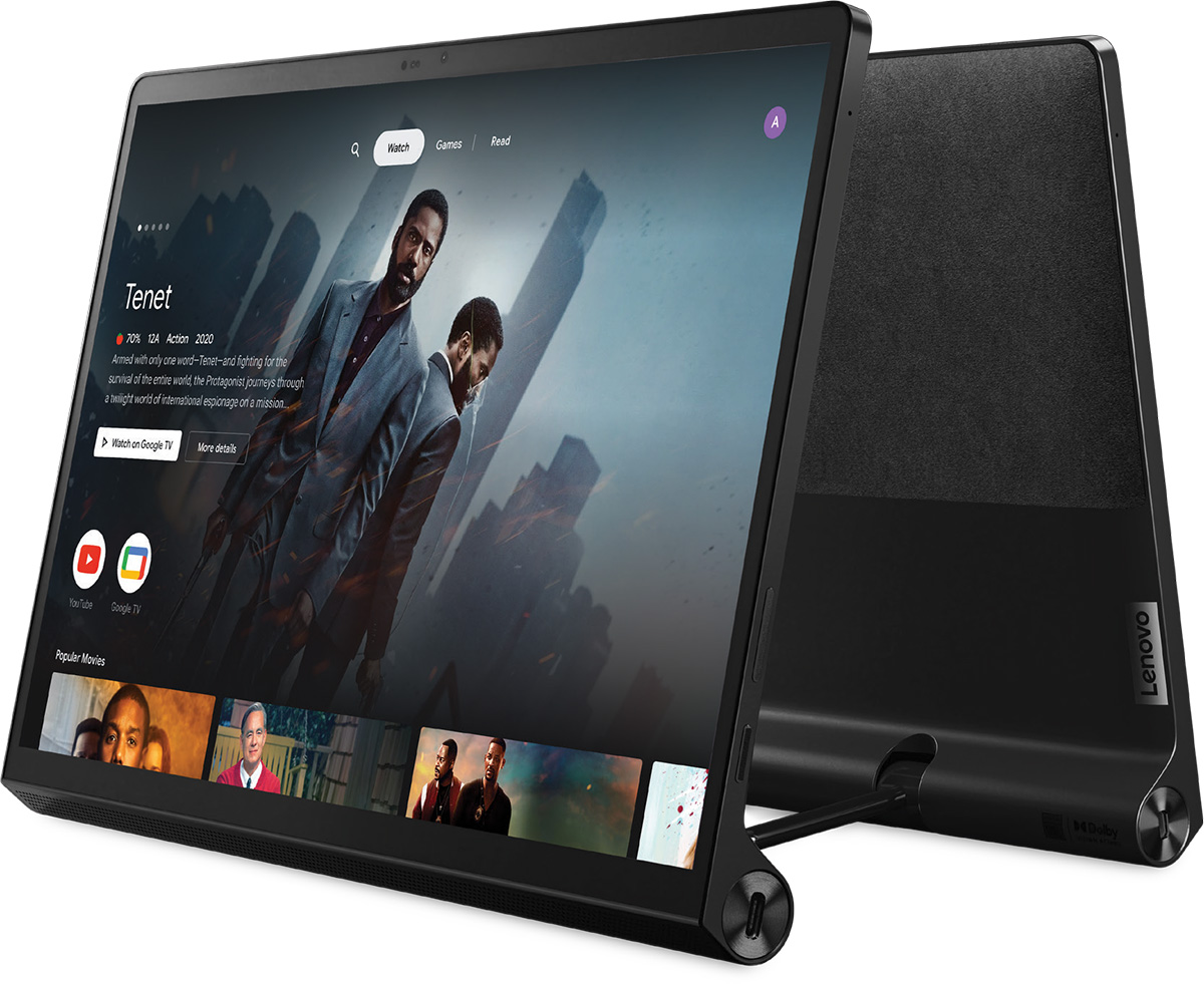 Tablet Lenovo Yoga Tab 13, de frente y reverso, con el versátil con pie de apoyo integrado