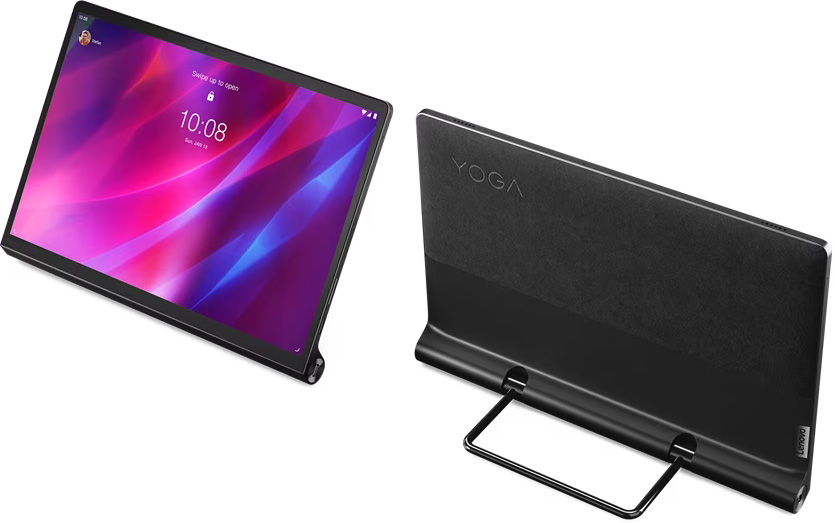 Tablet Lenovo Yoga Tab 13, vista frontal y trasera desde un plano alto en diagonal