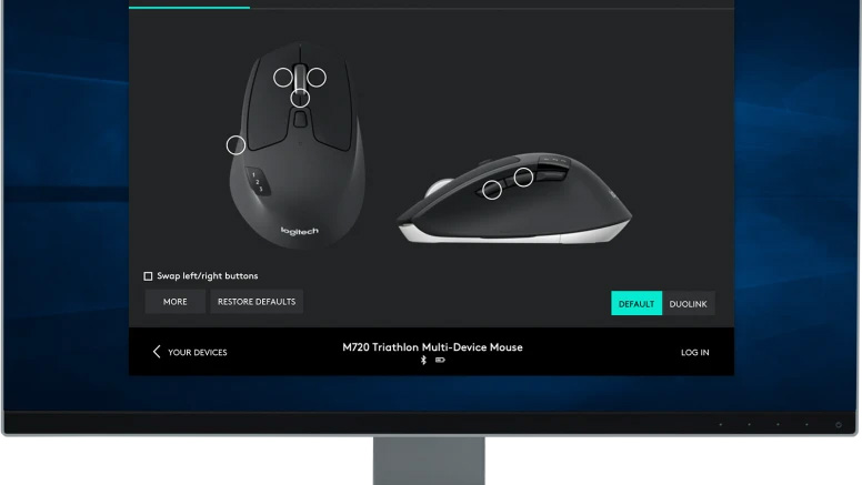 Pantalla mostrando el software de configuración de Logitech para personalizar los botones del Mouse Logitech M720 Triathlon.