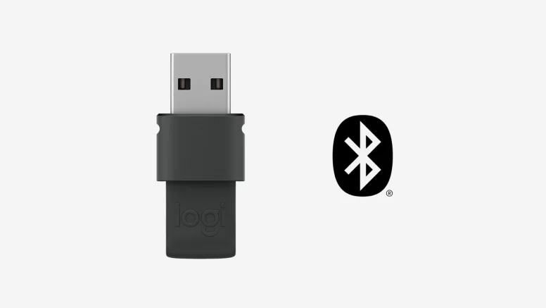 Receptor USB de Logitech junto al ícono de conectividad Bluetooth sobre fondo blanco.