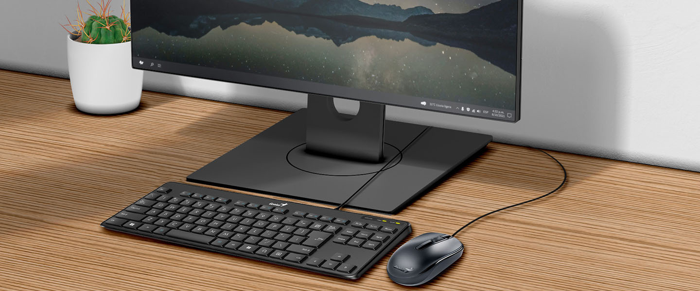 Una imagen de un monitor de computadora sobre un escritorio de madera con un teclado Genius LuxeMate 110 USB Negro, mouse y una planta en maceta blanca al lado.