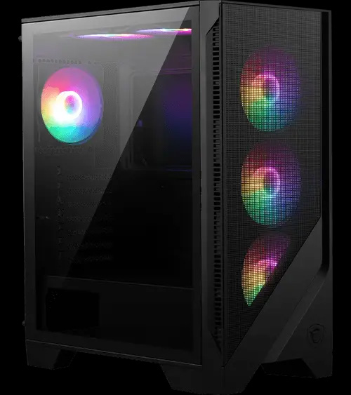 Un gabinete de computadora MSI MAG FORGE 120A AIRFLOW negro, con un panel lateral de vidrio templado que muestra 3 ventiladores internos iluminados con luces RGB, y tres ventiladores RGB visibles en el panel frontal de malla.
