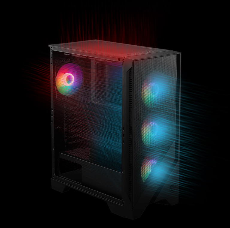 Un gabinete de computadora MSI MAG FORGE 120A AIRFLOW negro con un panel lateral de vidrio templado, mostrando tres ventiladores frontales con iluminación azul y un ventilador trasero con iluminación roja, con flechas estilizadas que indican el flujo de aire.