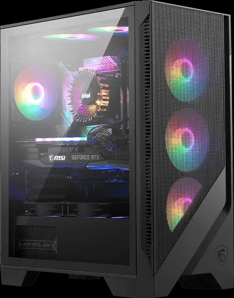 Un gabinete de computadora MSI MAG Forge 120A Airflow negro con un panel lateral de vidrio templado, mostrando componentes internos iluminados con luces RGB, incluyendo una placa madre Intel, un cooler de CPU y una tarjeta gráfica MSI GeForce RTX. Tres ventiladores RGB son visibles en el panel frontal y tres ventiladores RGB son visibles en el interior.