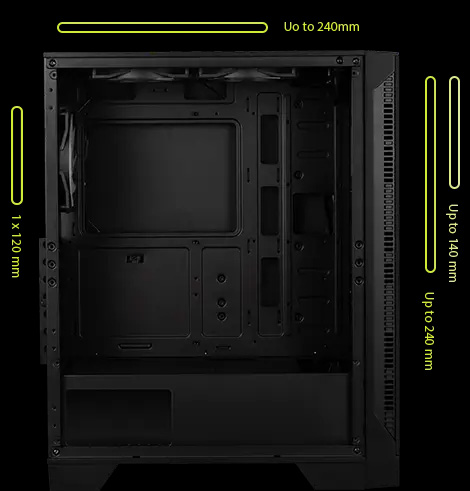 El interior vacío de un gabinete de computadora MSI MAG Forge 120A Airflow negro, mostrando las dimensiones y el espacio para componentes. Líneas amarillas indican soporte para un radiador de hasta 240mm en la parte superior, hasta 120mm en la parte trasera, y de hasta 240mm en la parte frontal.