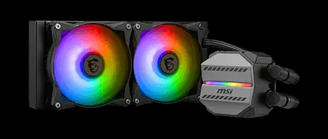 Un sistema de refrigeración líquida MSI MAG CORELIQUID C240, mostrando un radiador negro con dos ventiladores RGB y un bloque de CPU iluminado con el logo del dragón de MSI en blanco sobre un fondo con luces azules y rosas.