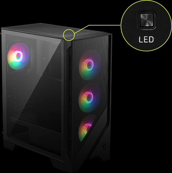 Un gabinete de computadora MSI MAG Forge 120A Airflow negro con un panel lateral de vidrio templado y tres ventiladores RGB frontales. Un círculo amarillo resalta un botón en la parte superior del gabinete etiquetado como LED.