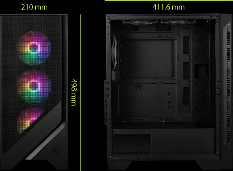 Un gabinete de computadora MSI MAG Forge 120A Airflow negro, mostrando la parte frontal con tres ventiladores RGB y sus dimensiones de 210mm de ancho y 498mm de alto a la izquierda, y el interior vacío con una profundidad de 411.6mm a la derecha, todo sobre un fondo negro.