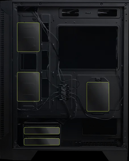El interior vacío de un gabinete de computadora MSI MAG FORGE 120A AIRFLOW negro, mostrando el espacio para almacenamiento.