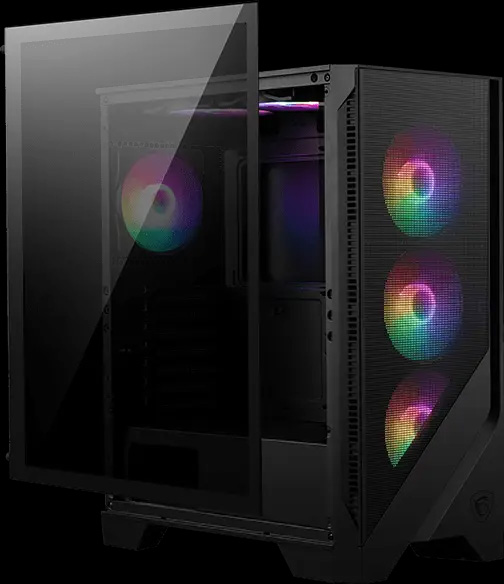 Un gabinete de computadora MSI MAG Forge 120A Airflow negro con el panel lateral de vidrio templado parcialmente abierto, mostrando un ventilador RGB interno trasero, 2 ventiladores RGB superiores y tres ventiladores RGB en el panel frontal.