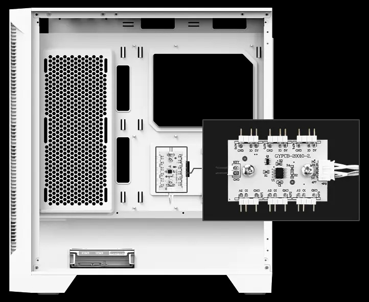 El interior de un gabinete de computadora MSI MAG Forge 320R Airflow blanco, mostrando un controlador ARGB con múltiples conectores y cables blancos conectados.