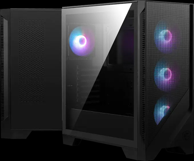 Un gabinete de computadora MSI MAG Forge 320R Airflow negro con el panel lateral de vidrio templado, mostrando un ventilador RGB interno y tres ventiladores RGB en el panel frontal.