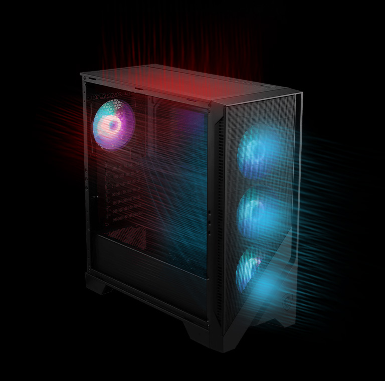Un gabinete de computadora MSI MAG Forge 320R Airflow negro con un panel lateral de vidrio templado, mostrando tres ventiladores frontales con iluminación azul y un ventilador trasero con iluminación rosa y celeste, con flechas estilizadas que indican el flujo de aire.