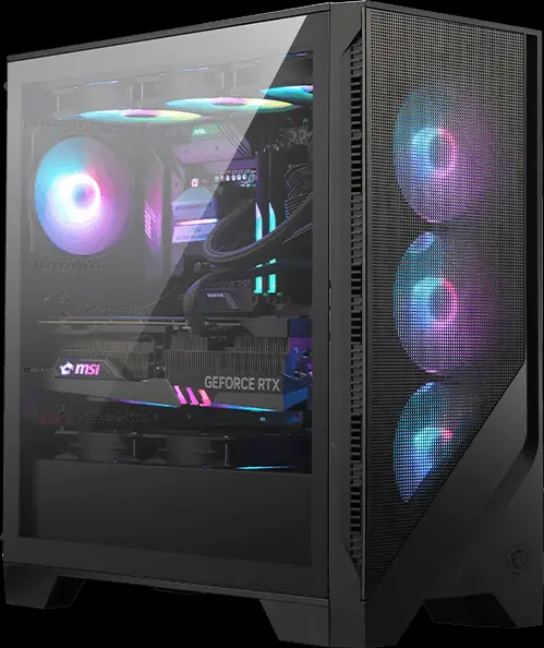 Un gabinete de computadora MSI MAG Forge 320R Airflow negro con un panel lateral de vidrio templado que revela componentes internos iluminados con luces RGB, incluyendo ventiladores y una tarjeta gráfica MSI GeForce RTX. Tres ventiladores RGB también son visibles en el panel frontal.