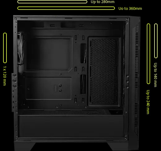 El interior vacío de un gabinete de computadora MSI MAG Forge 320R Airflow negro, mostrando las ubicaciones para un radiador de hasta 280mm o 360mm en la parte superior, un radiador de hasta 120mm en la parte trasera, y un radiador de hasta 140mm o 240mm en el frente, indicado con líneas amarillas y texto.