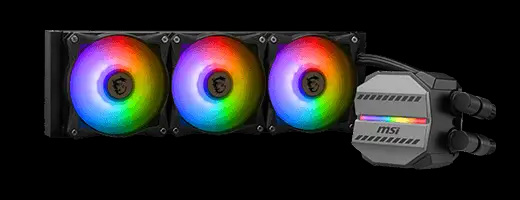 Un sistema de refrigeración líquida MSI MAG CORELIQUID M360, mostrando un radiador negro con tres ventiladores iluminados con múltiples colores y un bloque de CPU gris con el logo de MSI y una franja de iluminación RGB.