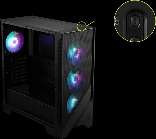 Un gabinete de computadora MSI MAG Forge 320R Airflow negro con tres ventiladores RGB frontales. Un círculo amarillo resalta un botón en la parte superior del gabinete etiquetado como (LED).