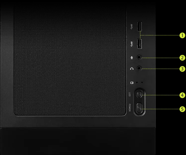 Un primer plano del panel frontal superior de un gabinete de computadora MSI MAG Forge 320R Airflow negro, mostrando de arriba a abajo: (1) dos puertos USB, (2) Entrada de micrófono, (3) Salida de audio, (4) un Botón de cambio de LED y (5) el botón de encendido. Cada elemento está etiquetado con números amarillos del 1 al 5 y líneas punteadas amarillas que los conectan a su descripción. A la izquierda se ve una superficie de malla para ventilación.