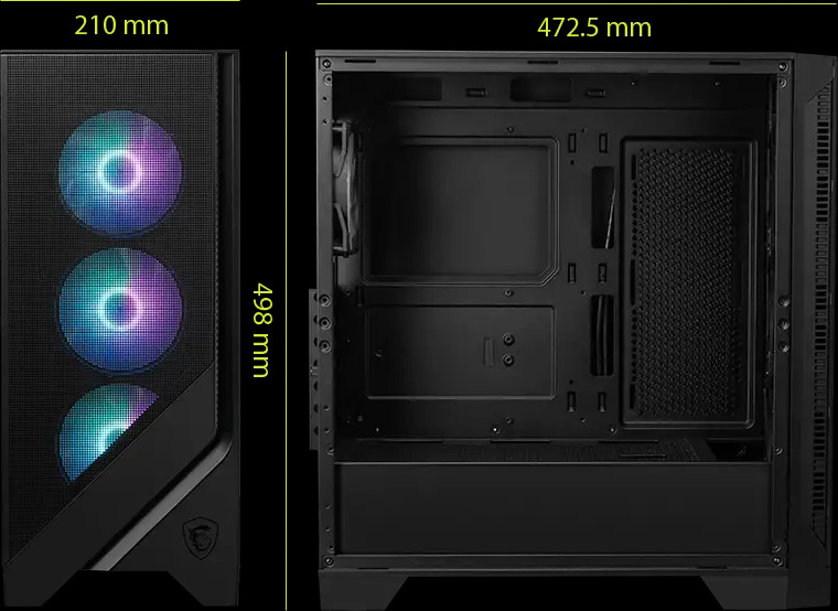 Un gabinete de computadora MSI MAG Forge 320R Airflow negro, mostrando la parte frontal con tres ventiladores RGB y sus dimensiones de 210mm de ancho y 498mm de alto a la izquierda, y el interior vacío con una profundidad de 472.5mm a la derecha, todo sobre un fondo negro.