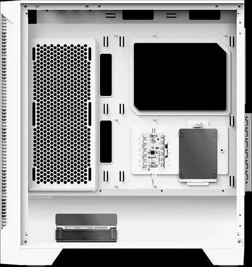 El interior vacío de un gabinete de computadora MSI MAG FORGE 320R AIRFLOW blanco, mostrando el espacio para almacenamiento.