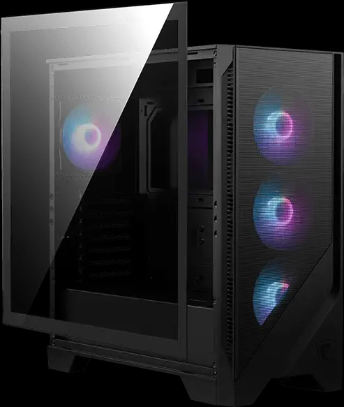 Un gabinete de computadora MSI MAG Forge 320R Airflow negro con el panel lateral de vidrio templado parcialmente abierto, mostrando un ventilador RGB interno trasero y tres ventiladores RGB en el panel frontal.