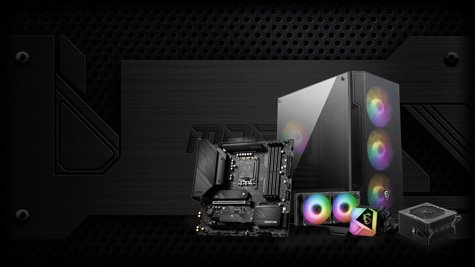 Un gabinete de computadora MSI MAG FORGE M100A negro con tres ventiladores RGB frontales, una placa madre negra con componentes plateados, un sistema de refrigeración líquida con ventiladores RGB y una fuente de alimentación negra, todo sobre un fondo negro texturizado.