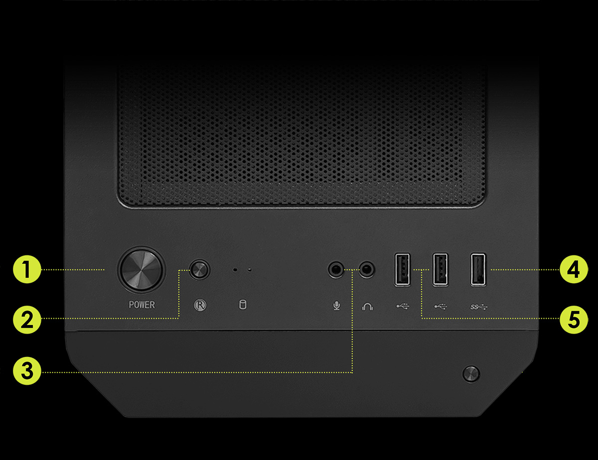 Un primer plano del panel frontal superior de un gabinete de computadora MSI MAG FORGE M100A negro, mostrando de izquierda a derecha: (1) el botón de encendido, (2) un botón de reinicio, indicadores LED, (3) un conector para auriculares, un conector para micrófono, (4) un puerto USB 3.2 Gen 1 Tipo-A y (5) dos puertos USB 2.0 Tipo-A. Cada elemento está etiquetado con números amarillos del 1 al 5 y líneas punteadas amarillas que los conectan a su descripción.